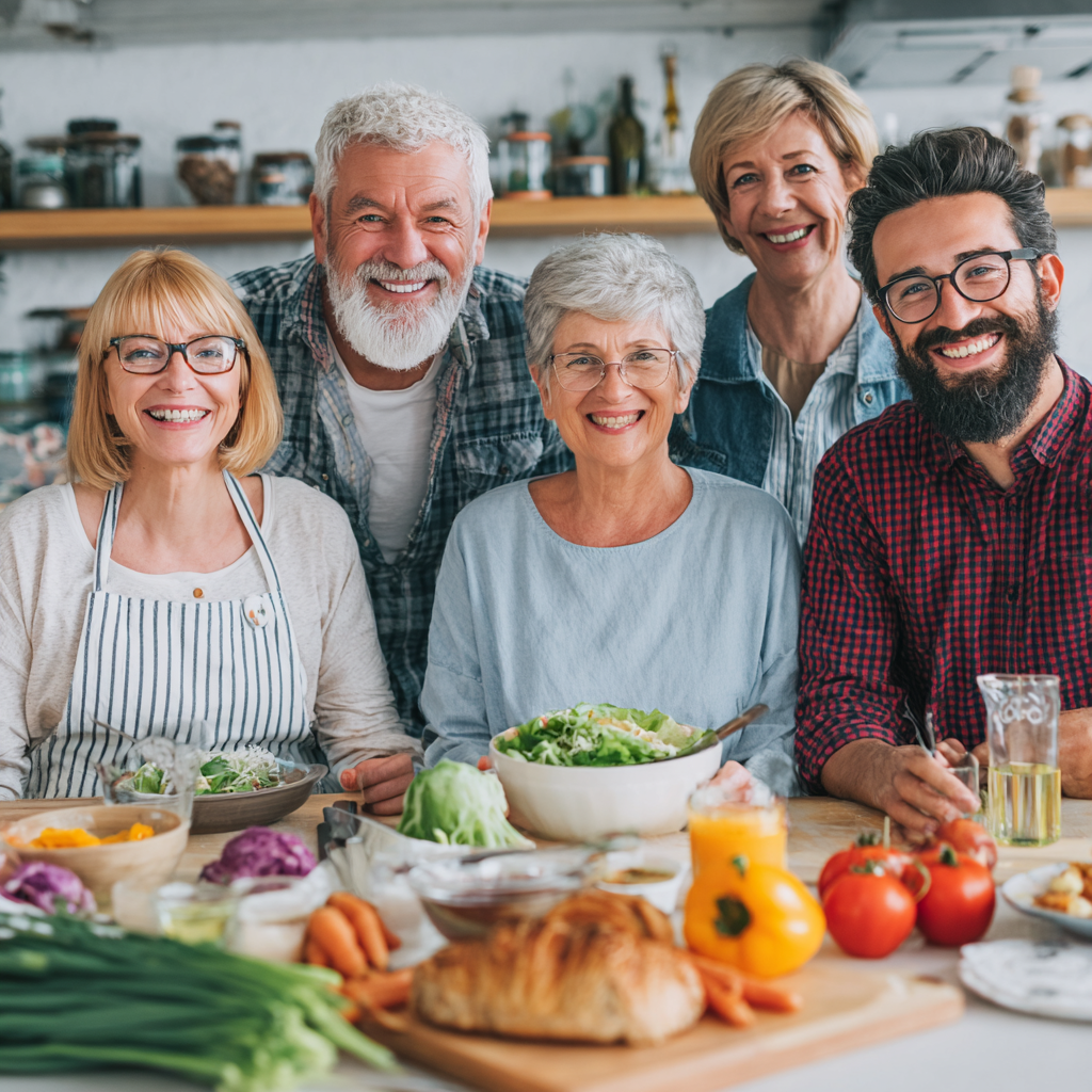 Smiling Ukrainian adults of different ages enjoying healthy meal planning together in a bright modern kitchen setting