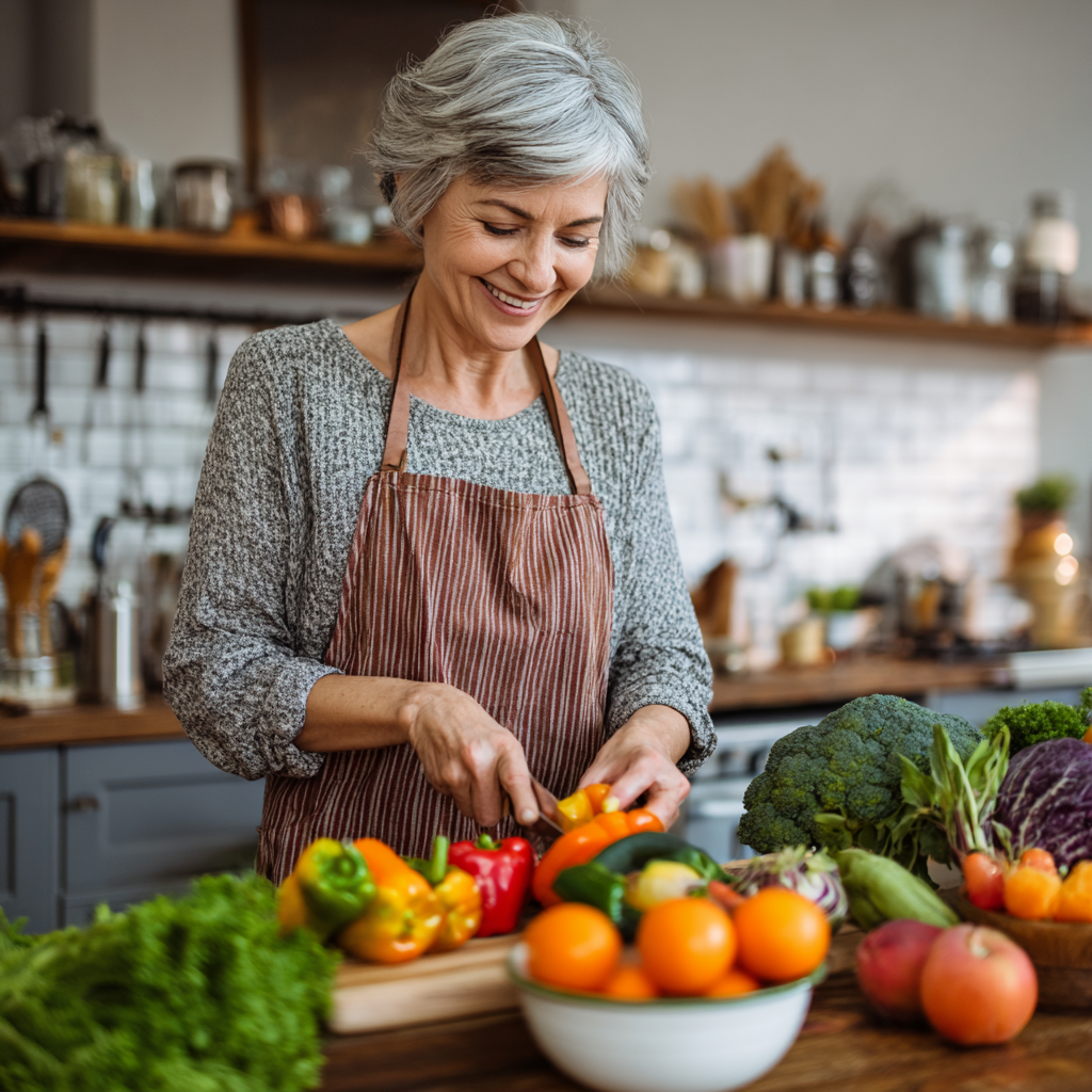 Ukrainian adults thoughtfully planning their meals with fresh vegetables and notebooks in a cozy kitchen environment